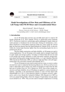 Model investigations of flow rate and efficiency of air lift pump with PM 50 mixer and circumferential mixer